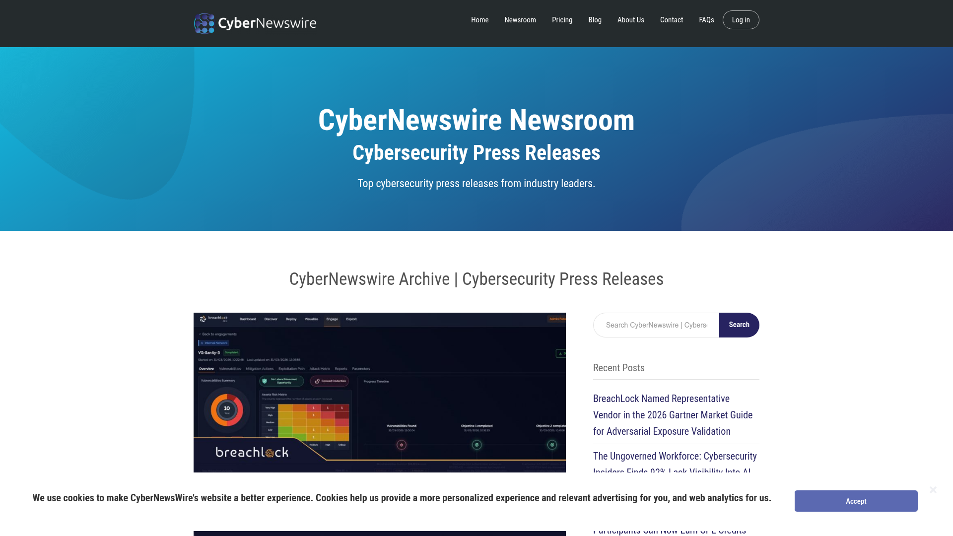 Screenshot of CyberNewswire public newsroom listing cybersecurity press releases