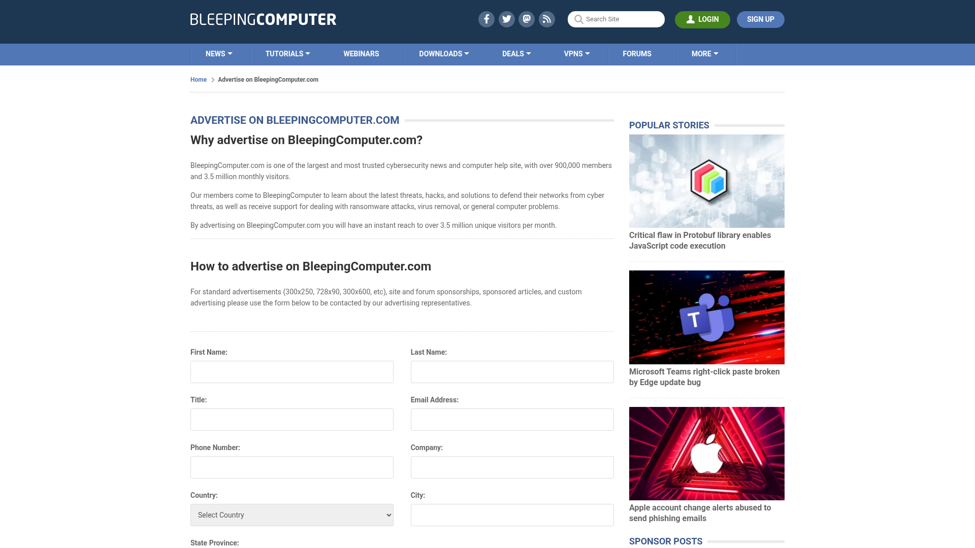 Screenshot of BleepingComputer advertise page