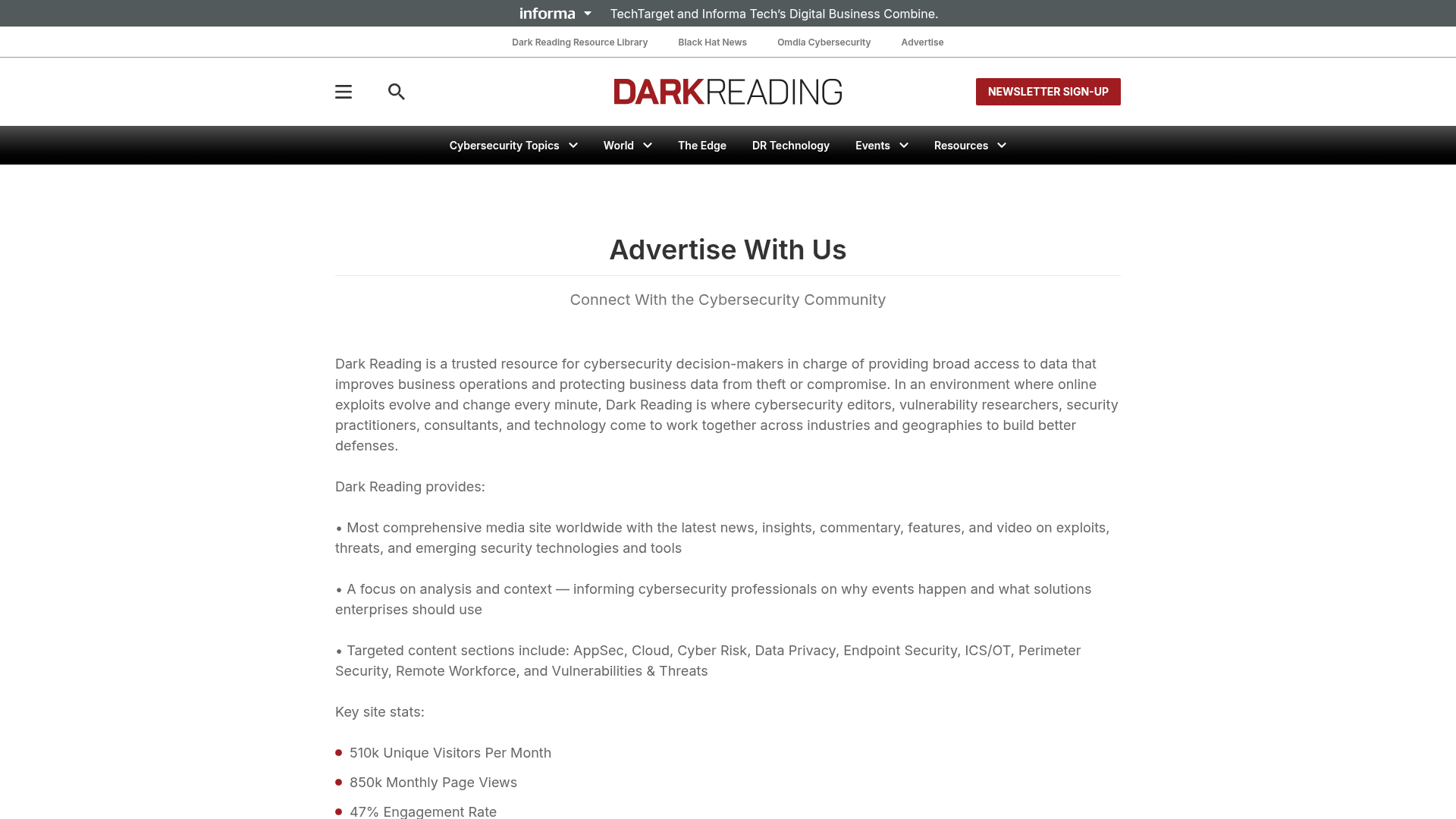 Screenshot of Dark Reading advertise page