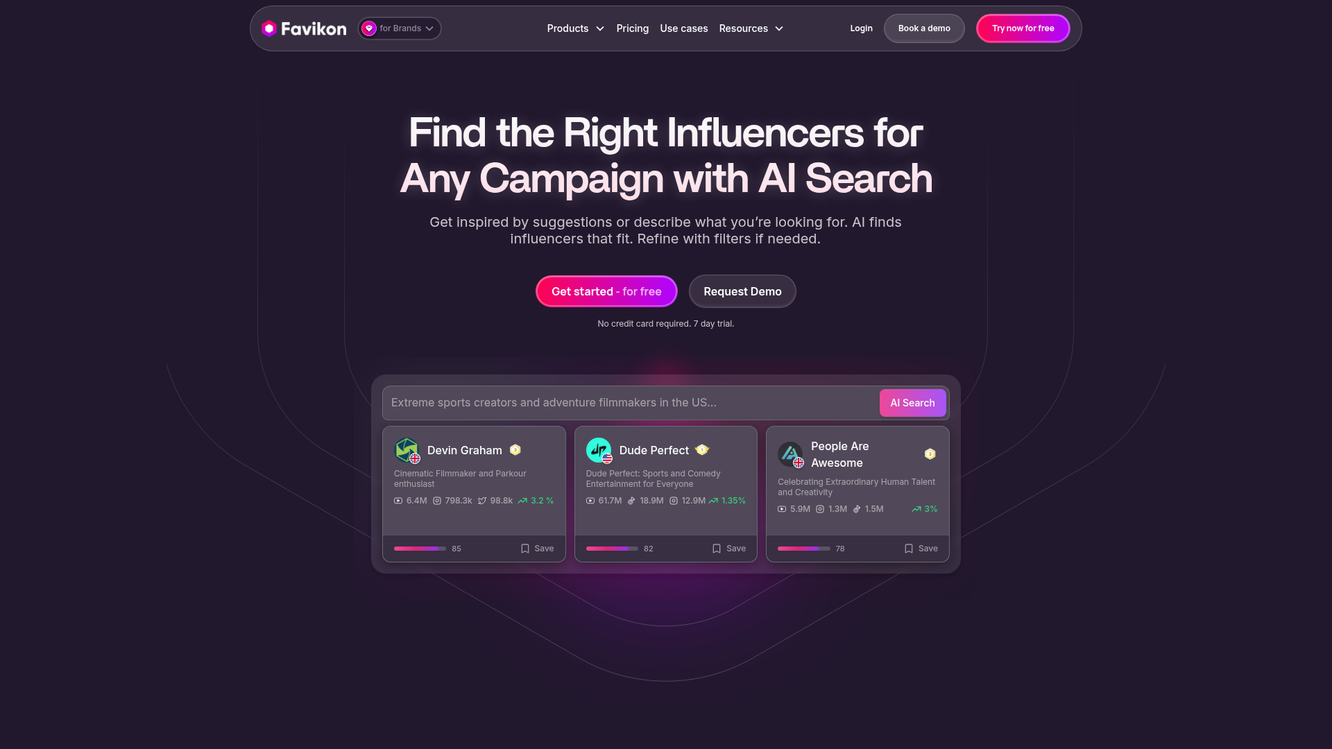 Screenshot of Favikon influencer search feature page