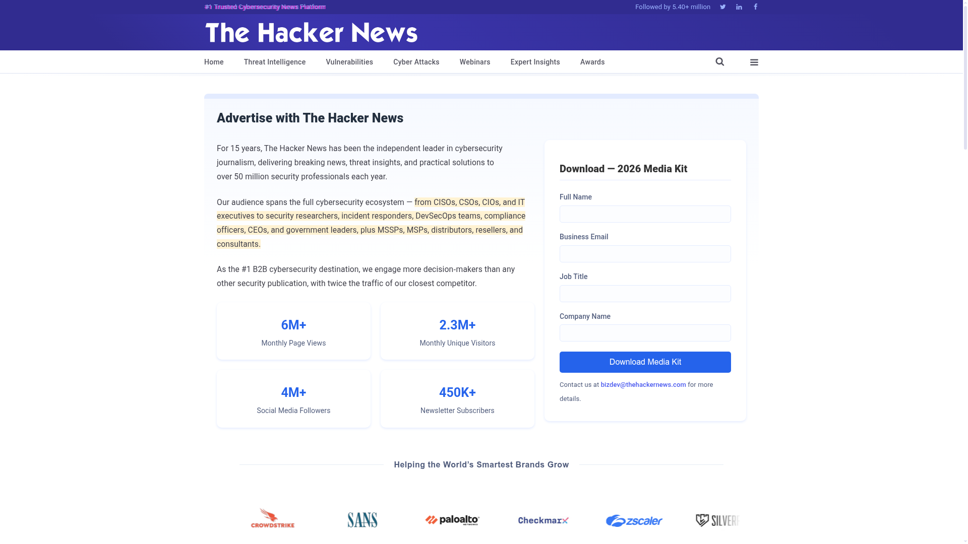 Screenshot of The Hacker News advertising information page