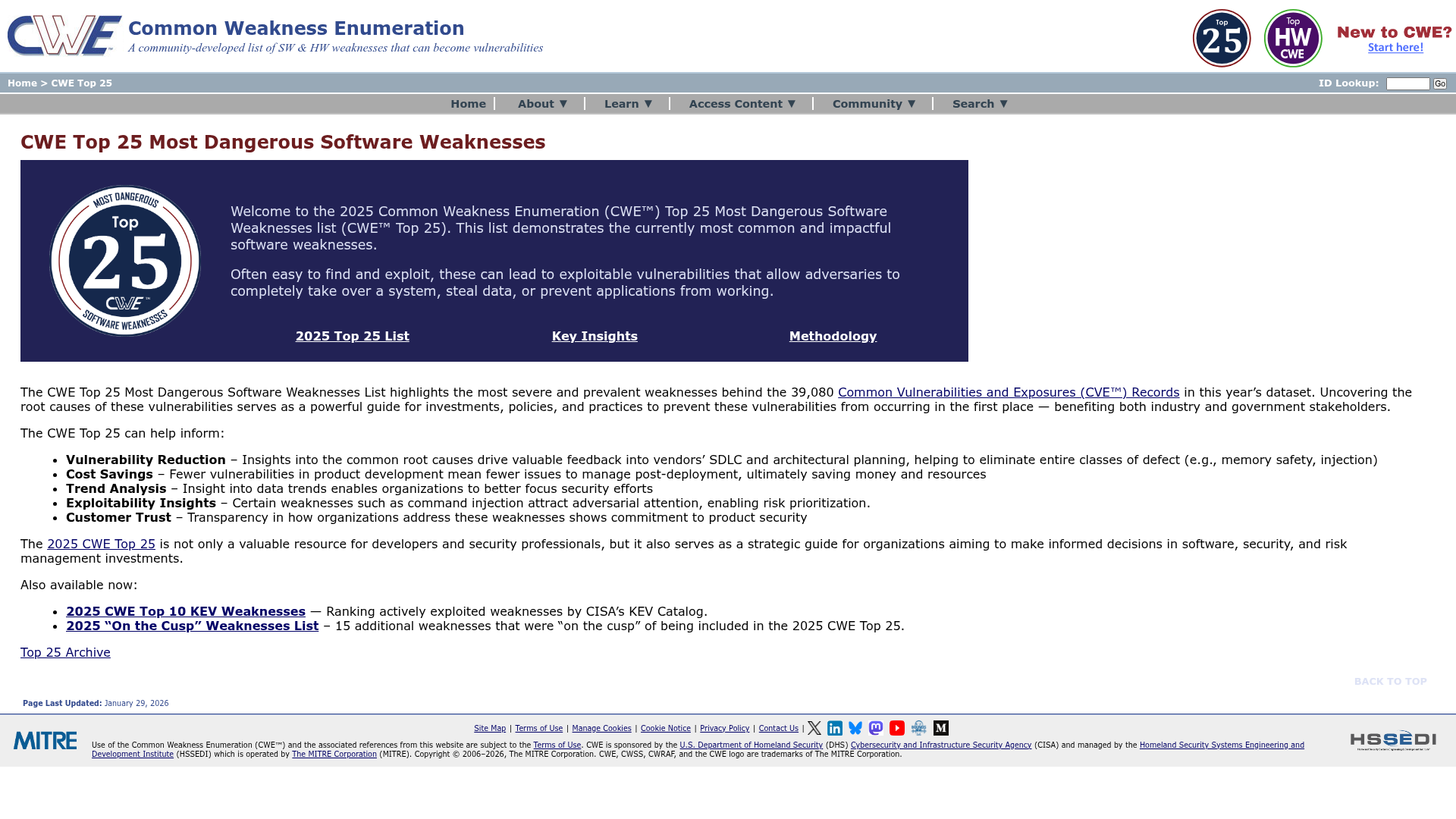 Screenshot of CWE Top 25 Most Dangerous Software Weaknesses page