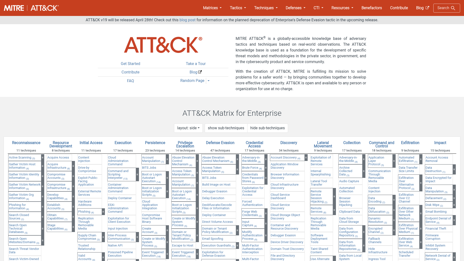 Screenshot of MITRE ATT&CK knowledge base homepage