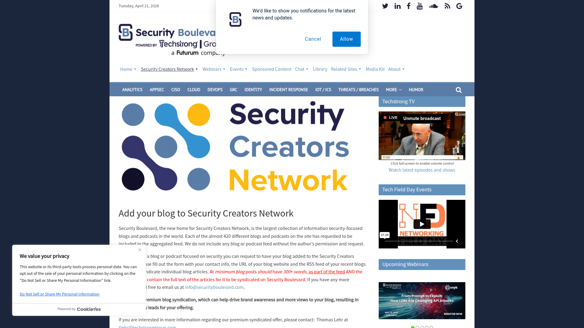 Screenshot of Security Boulevard syndicate your blog request page